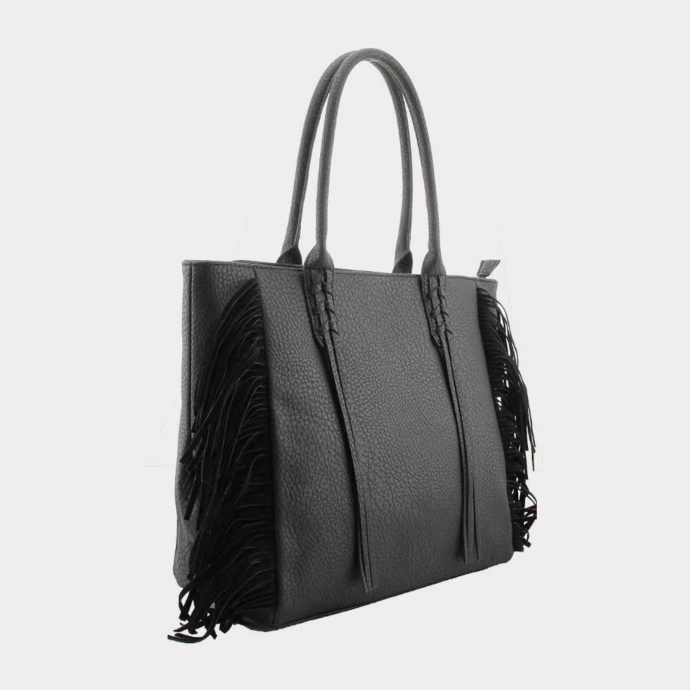 Black fringed tote bag