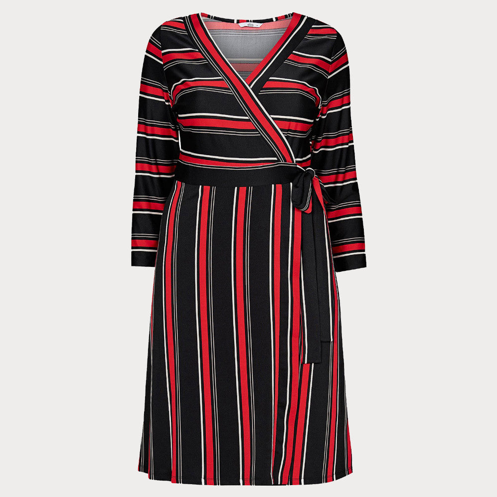 Black and Red Striped Wrap Dress