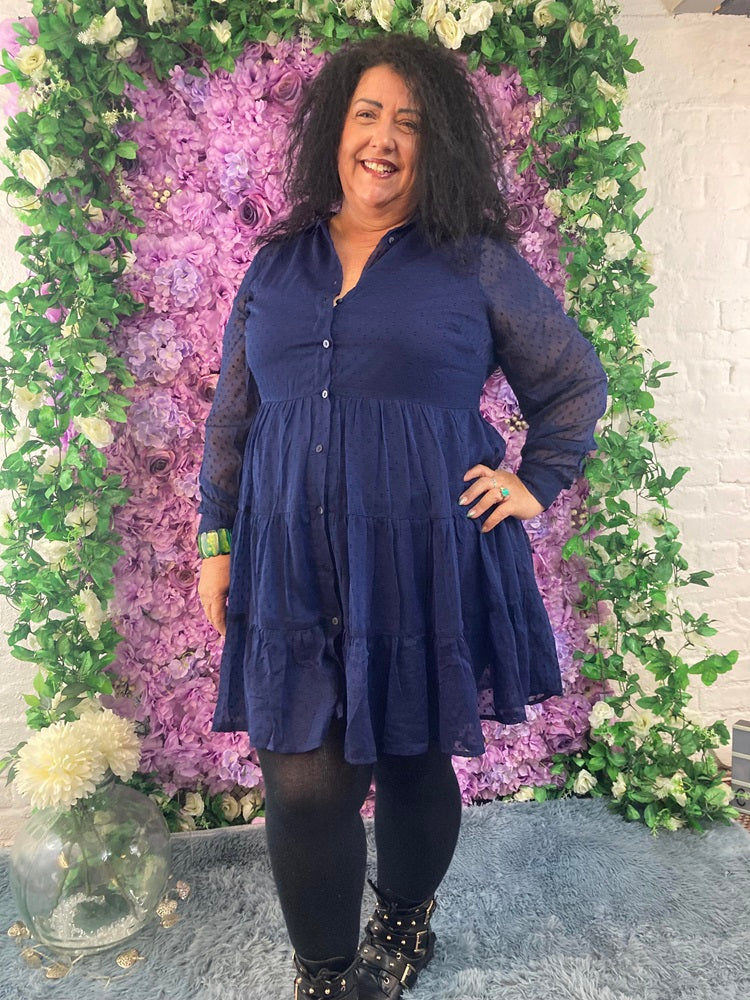 Navy shirt dress with its tiered skirt, button front and sheer sleeves