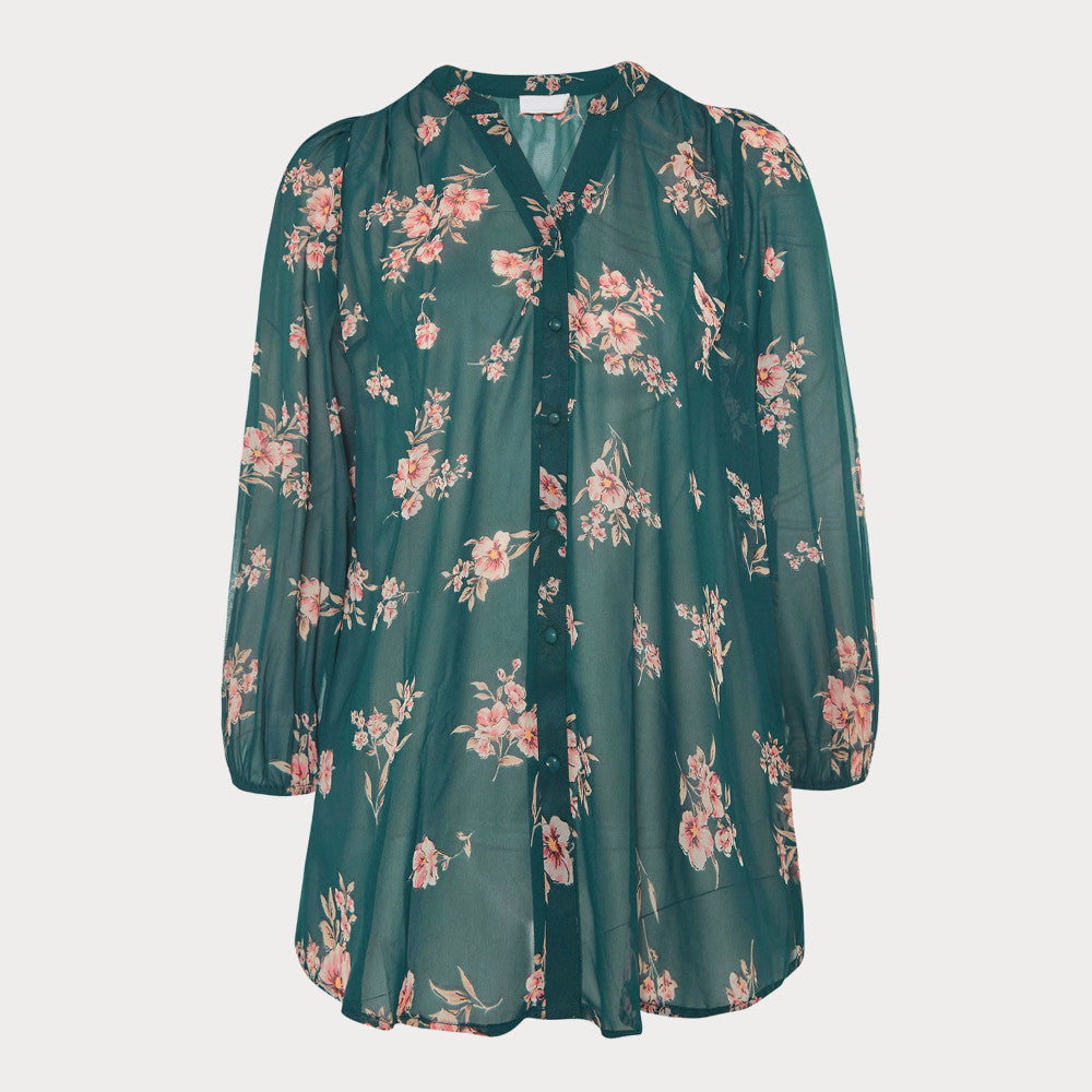 Emerald green blouse with floral design, balloon sleeves and button front.