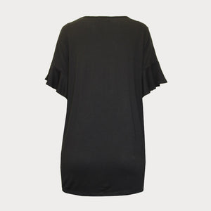 Back of a black top with flute sleeves.