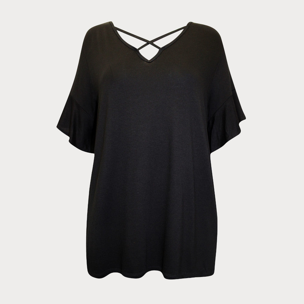 Black top with lattice neckline and flute sleeves.