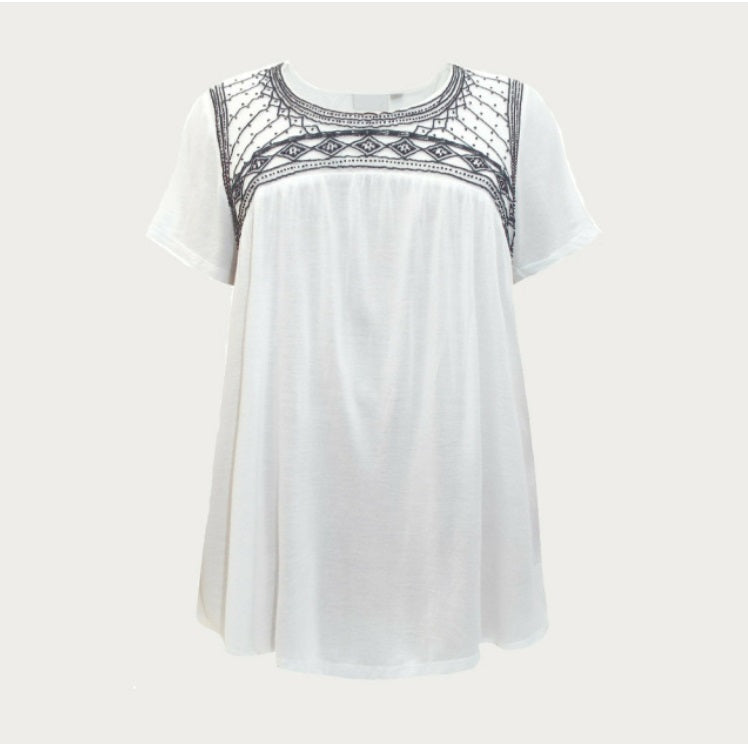 White Bead Embellished Short Sleeve Top