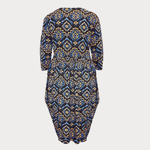 Navy Draped Abstract Print Dress