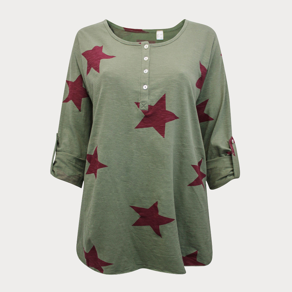 Khaki star print roll sleeve top