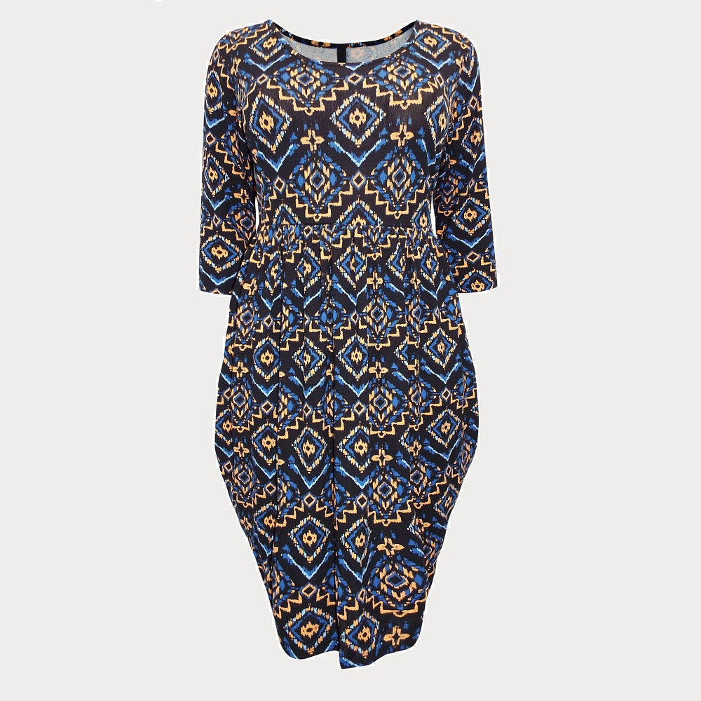 Navy Draped Abstract Print Dress