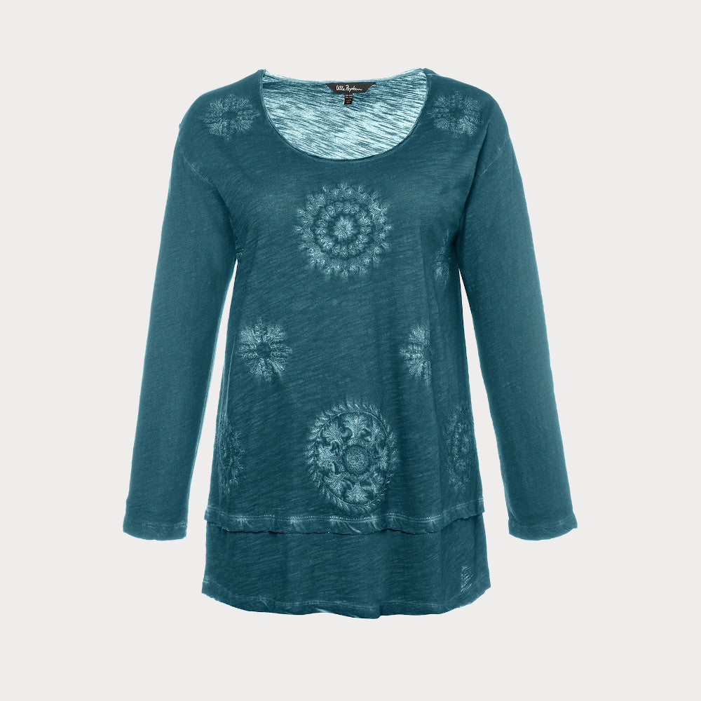 Long sleeved petrol green cotton tee featuring an intricate tie dye pattern. 