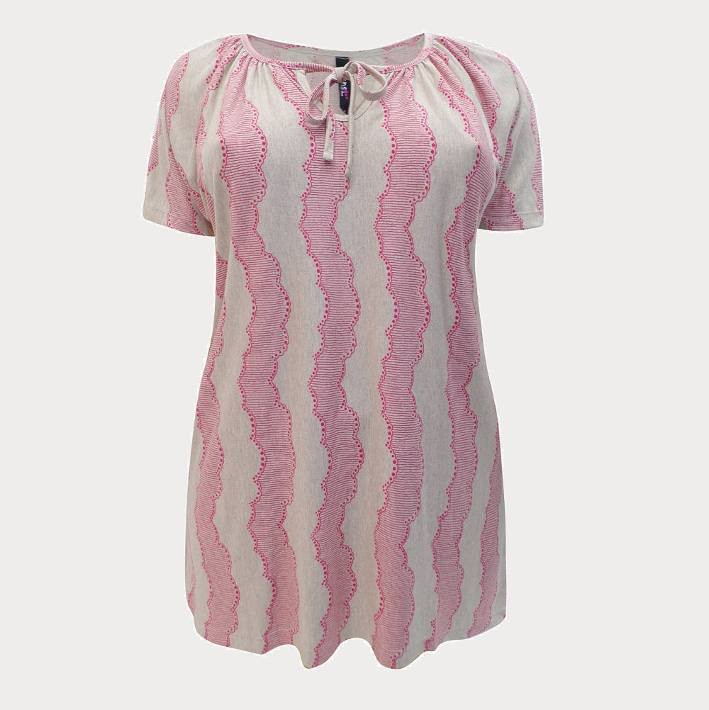 Pink and Cream Striped Top with Tie Neck