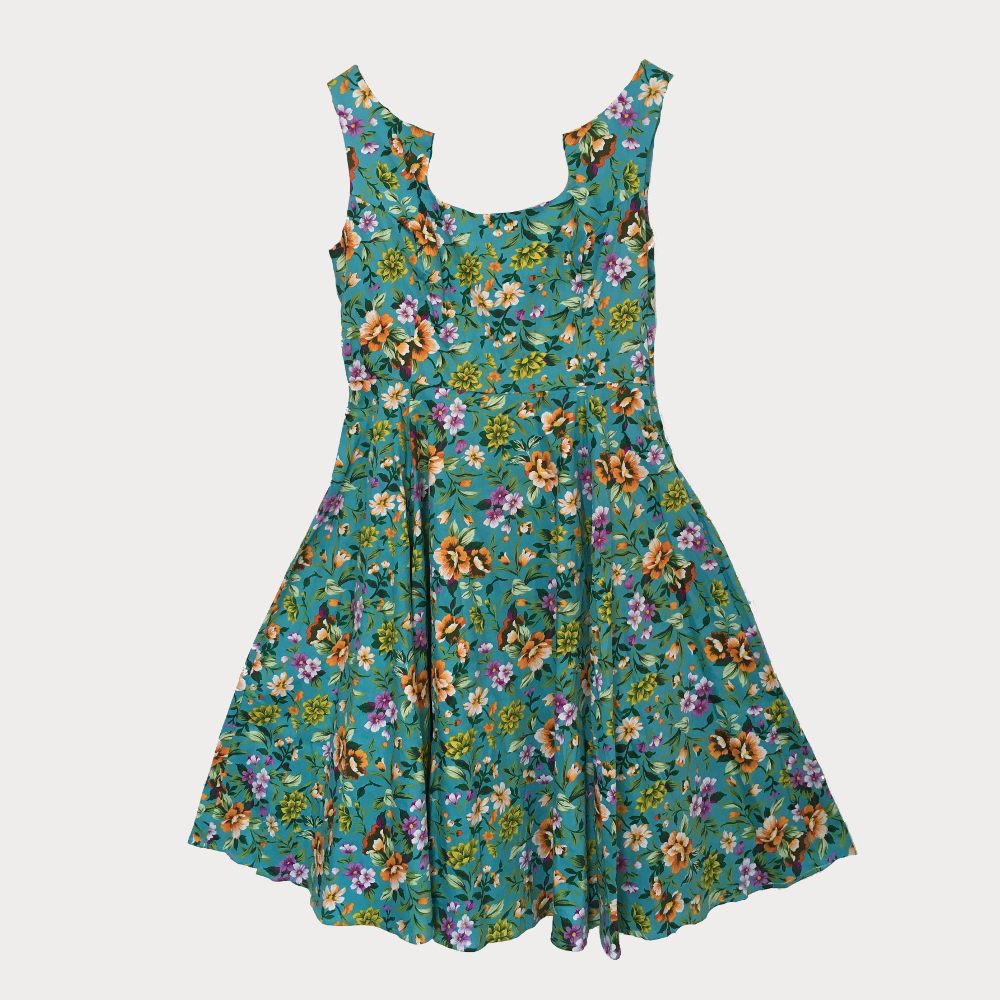 Turquoise Summer Flower Print Swing Dress