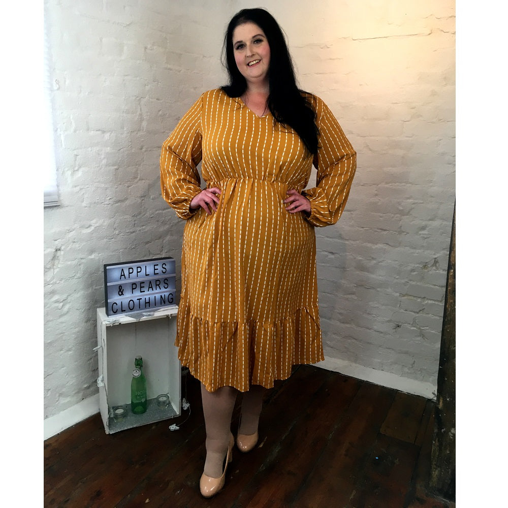 Ochre plus size midi dress with white stripe to the fabric and a cinched waist. 
